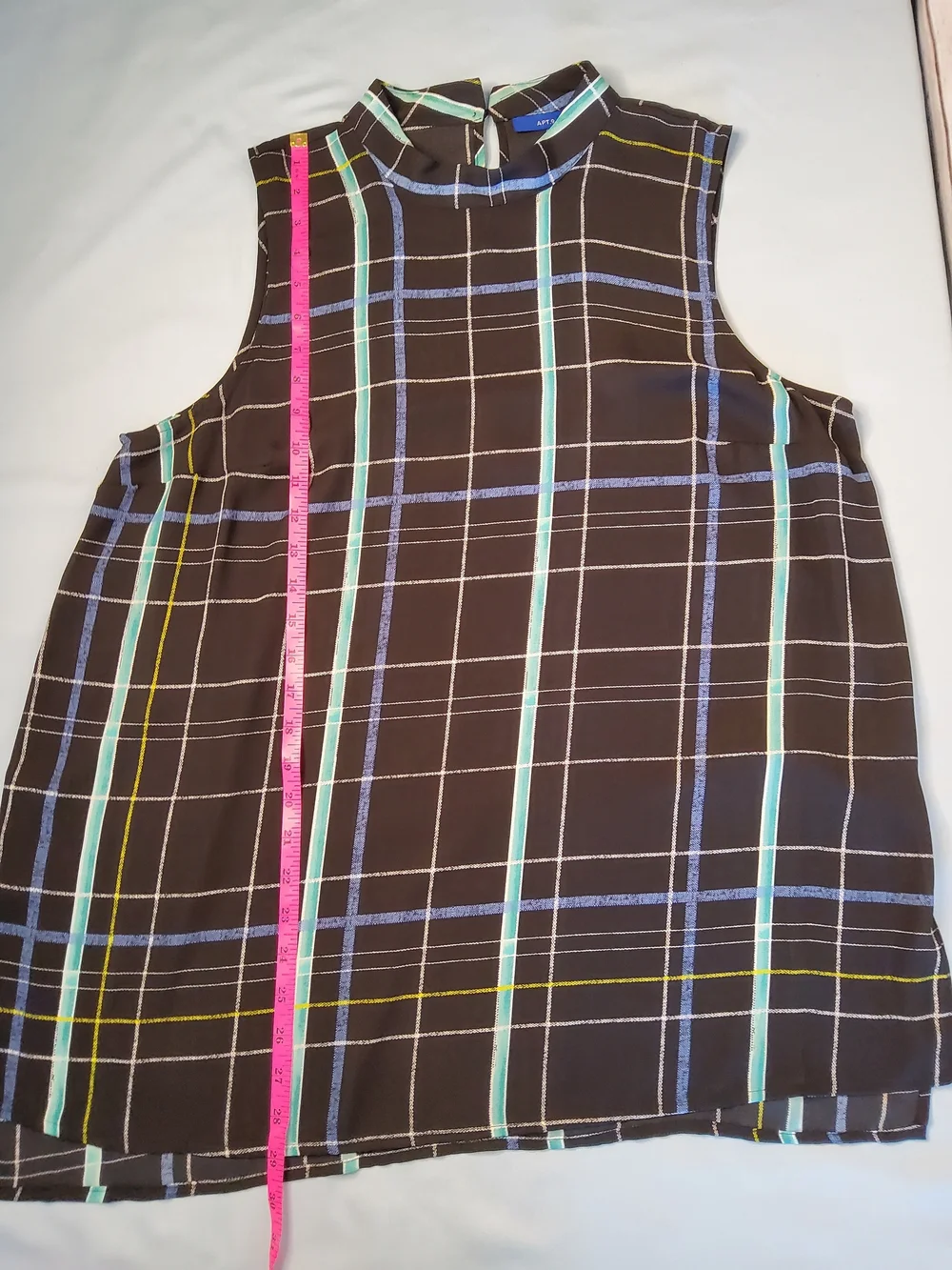 Apt. 9 Black Plaid Sleeveless Mock Neck Dress with Blue and Teal Stripes - Picture 3 of 6